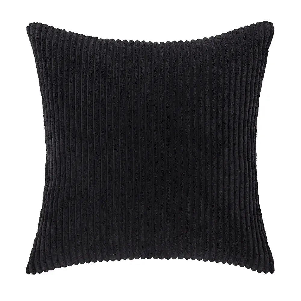 Pillow cover black corduroy square with vertical ridges for sofa and bedroom decor.