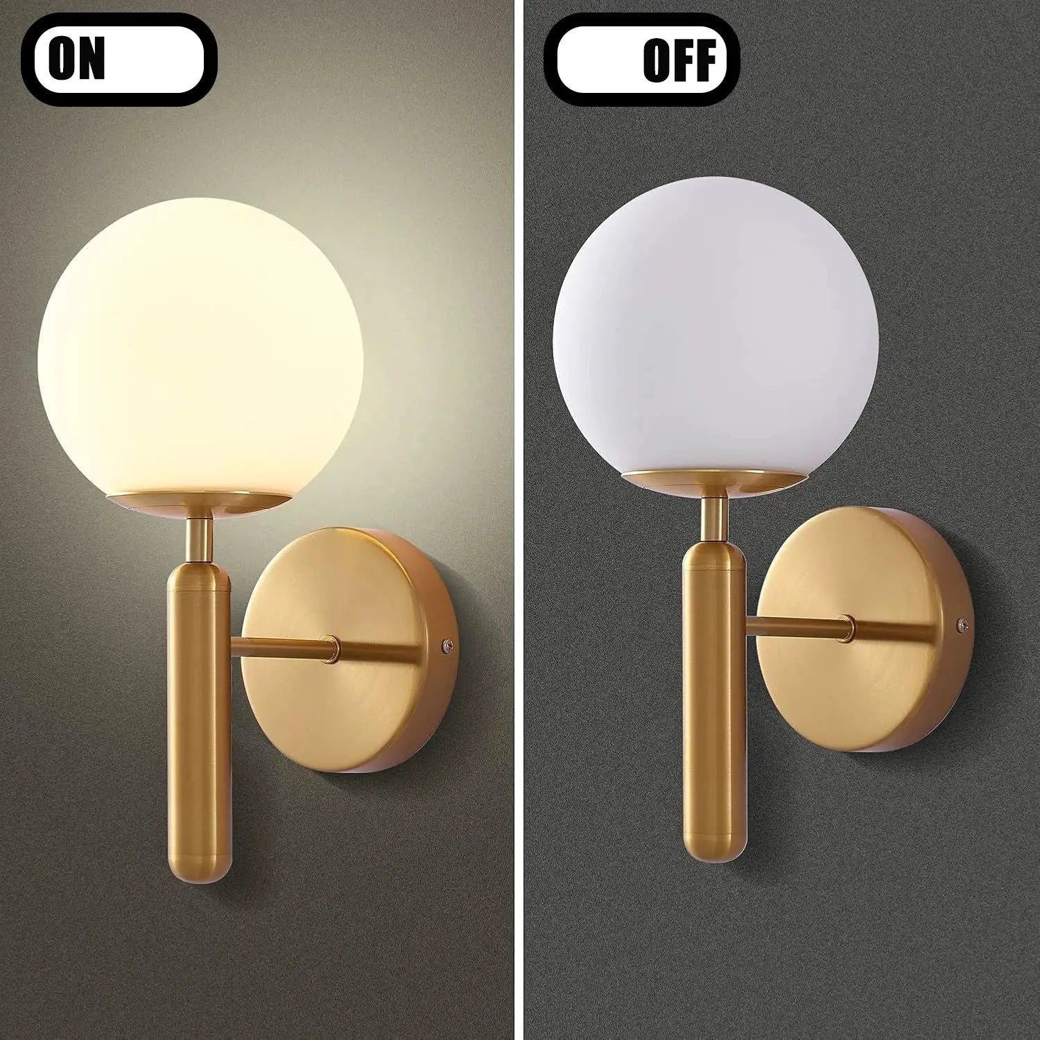 Modern indoor wall light lamp by Simples Market, brass finish with white glass globe, shown lit and unlit.