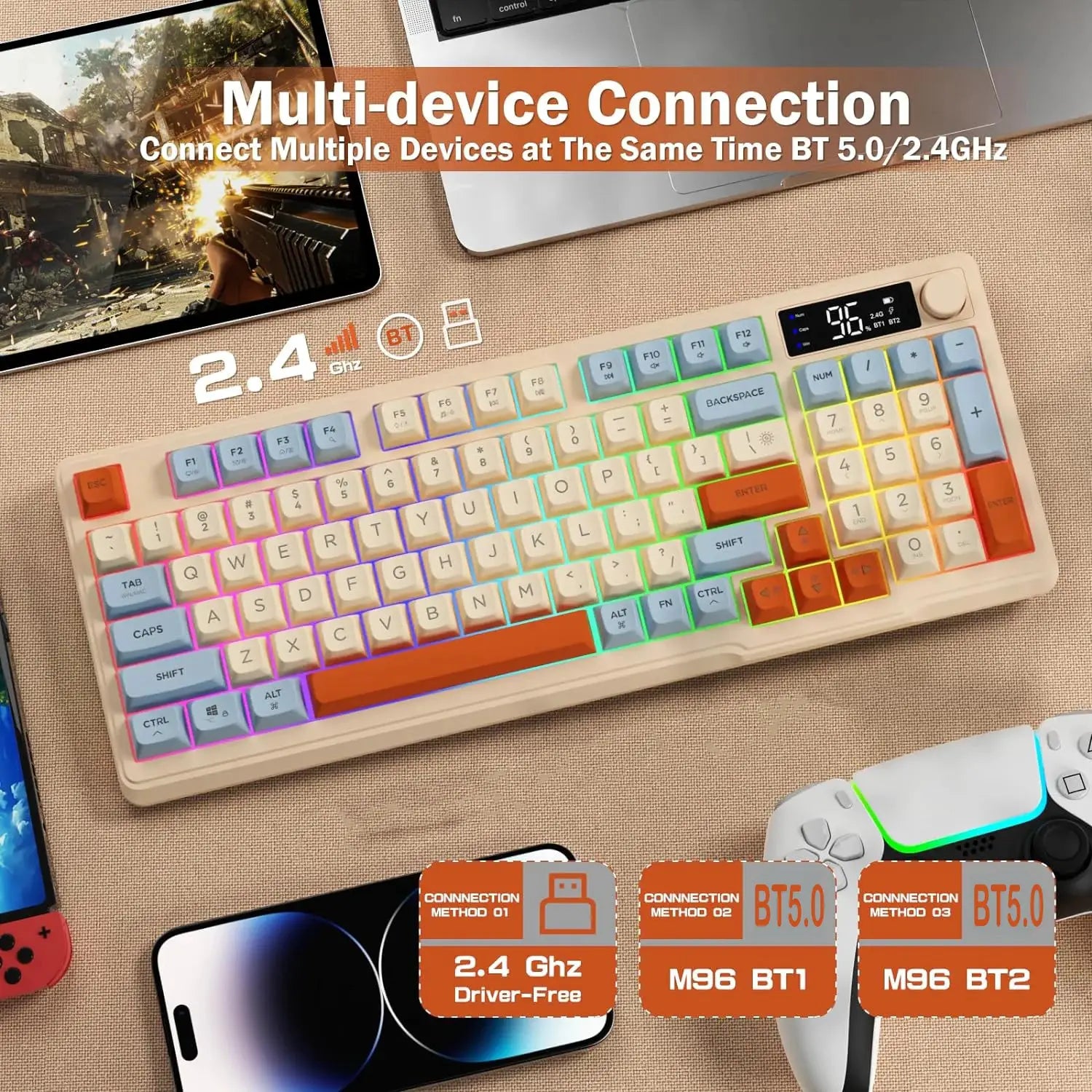 ZIYOU LANG wireless gaming keyboard with rainbow RGB keys, display screen and knob, beige finish, Bluetooth/2.4GHz