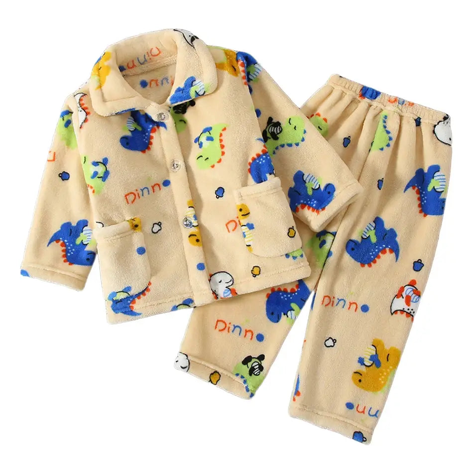 Cute Cartoon Pattern Coral Fleece Flannel Pajama Sets For Boys And Girls Long Sleeve Warm Comfortable Winter Sleepwear