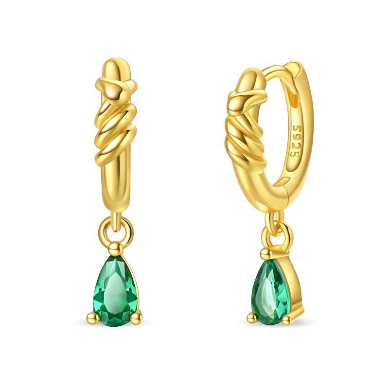Gold-tone hoop earrings with twisted rope detail and emerald-green teardrop stones, 2 earrings shown