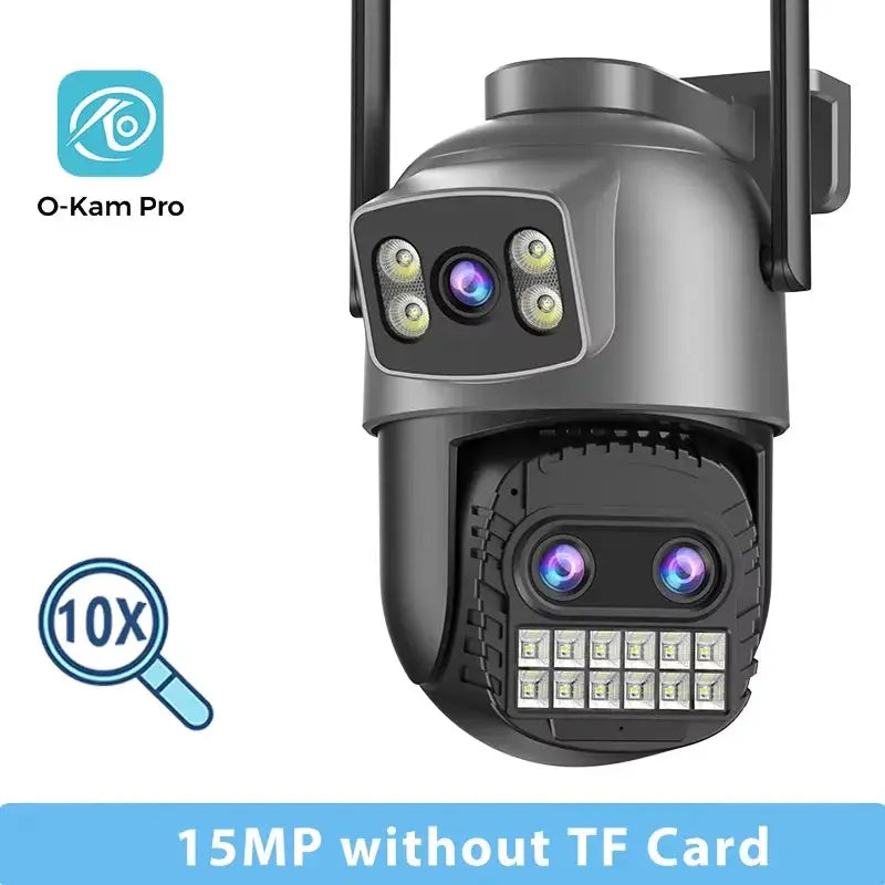 O-Kam Pro outdoor security camera; 15MP WiFi, dual-lens PTZ with 10x digital zoom and LED array