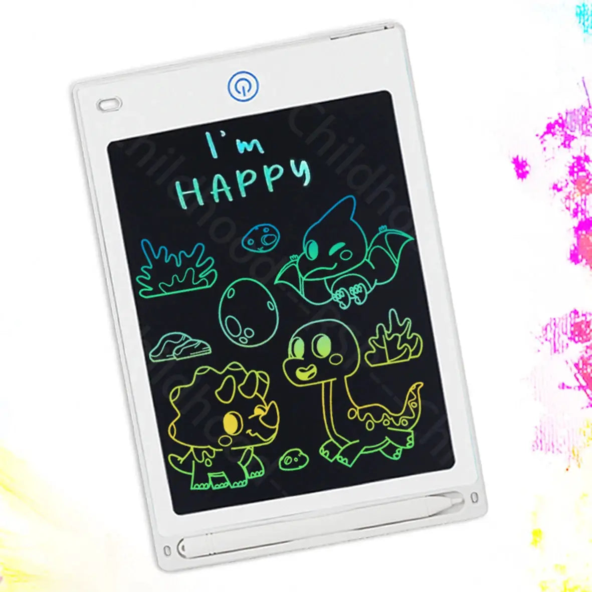 8.5-inch LCD writing tablet for kids, white frame with neon-colored drawings on a black screen