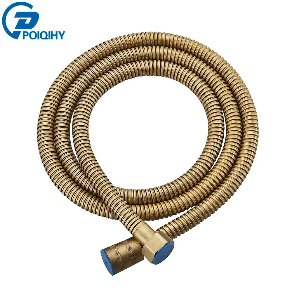 Antique brass shower hose, 150cm with blue end fittings, Simples Market