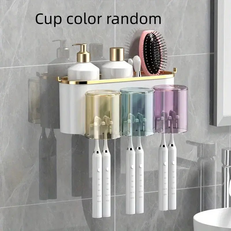 BrightNest Toothbrush Holder With Squeezer And Mouthwash Cup Adhesive Mount Perforation Free Design For Home Organizing