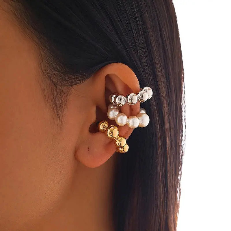 C-shaped ear clips 3-pack with pearl beads in silver, white, and gold tones