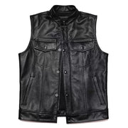 Men's black faux leather waistcoat with stand collar, biker style, zip front, snap buttons, chest pockets.