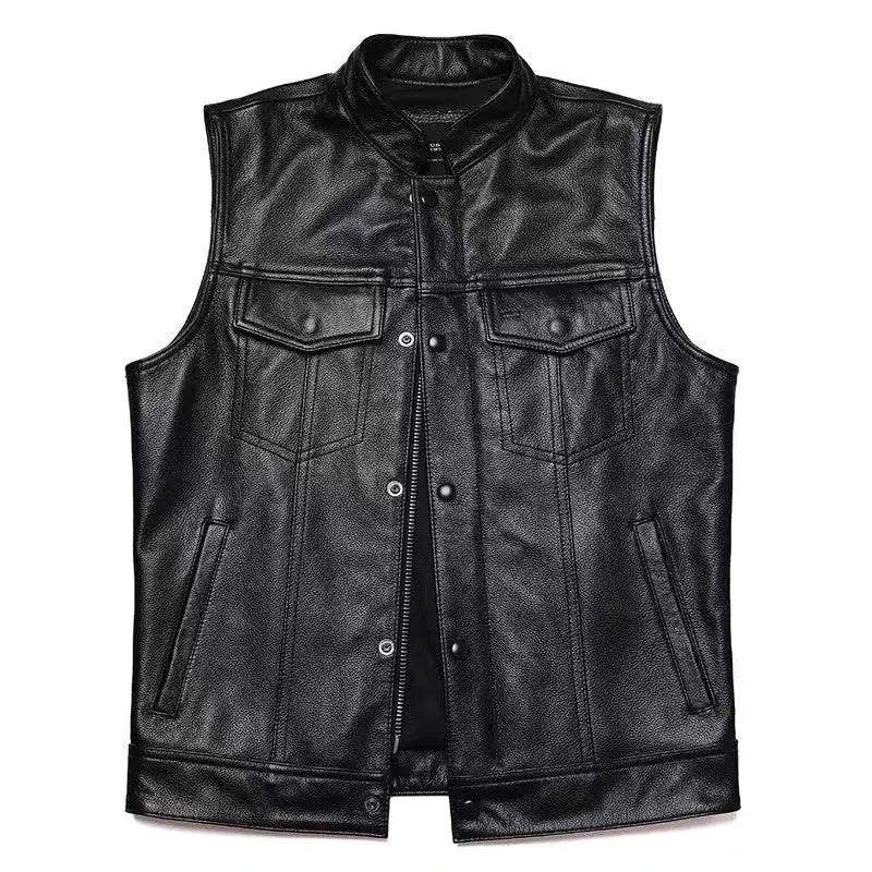 Men's black faux leather waistcoat with stand collar, biker style, zip front, snap buttons, chest pockets.