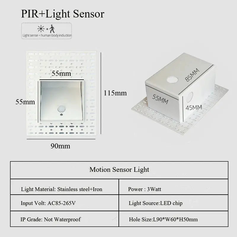Embedded frameless LED step light with PIR motion sensor; stainless steel+iron, 3W, AC85-265V indoor wall lamp