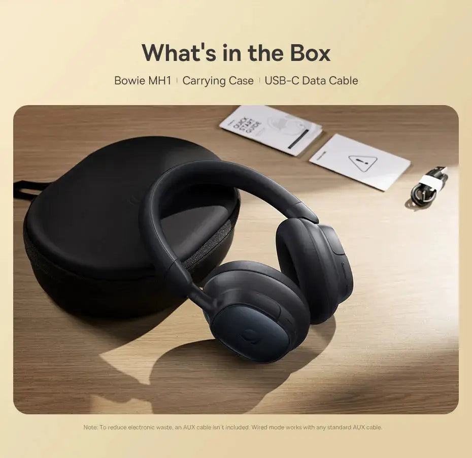 Baseus Bowie MH1 wireless over-ear headphones in black with carrying case and USB-C data cable