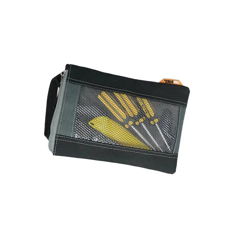 TOOLSTACK multifunctional nails pouch; high-capacity waist bag with mesh front pocket in black fabric.