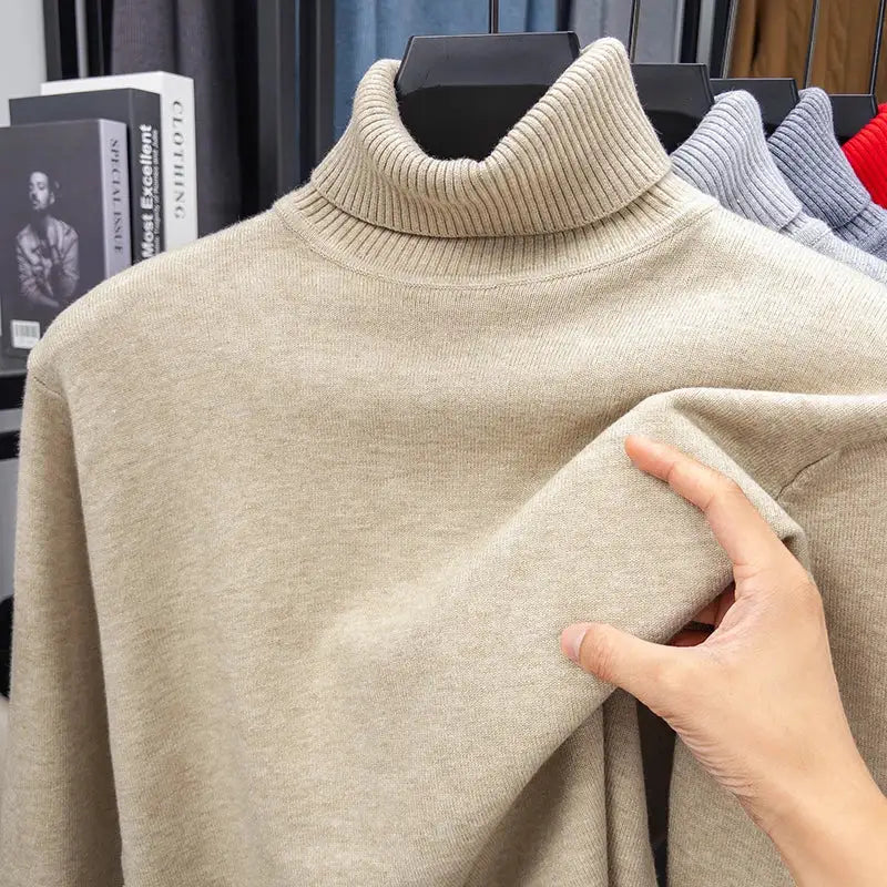 Men's Simples Market beige knitted turtleneck sweater, slim fit, anti-pilling pullover