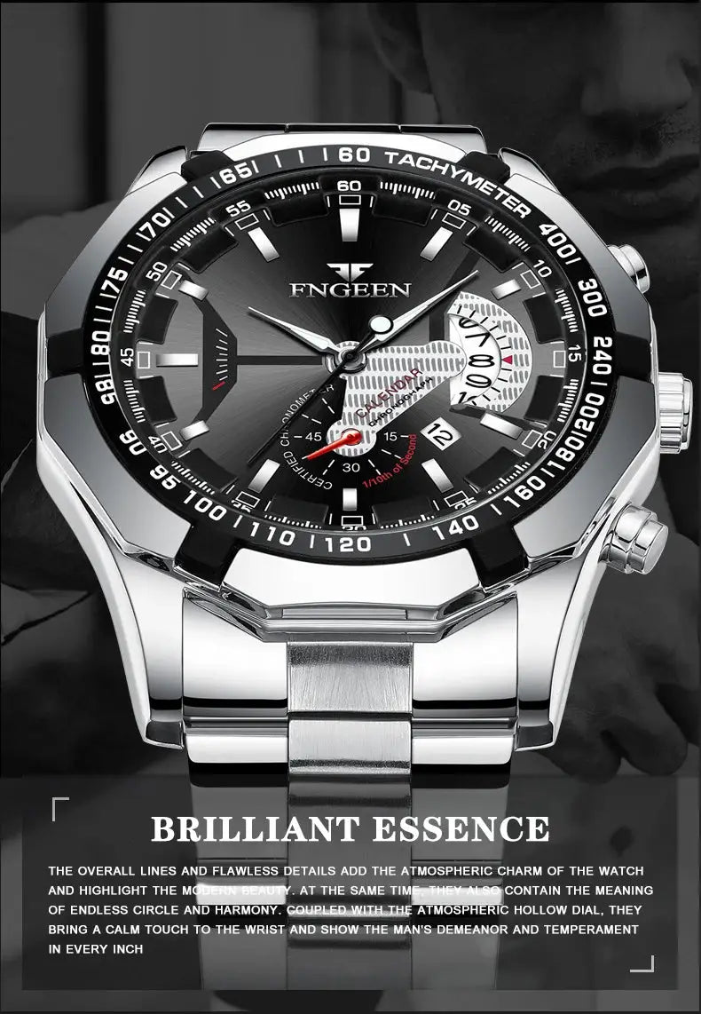 Men's stainless steel wristwatch with black dial, tachymeter bezel, luminous hands, and FNGEEN logo