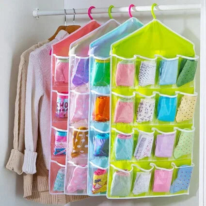 16-pocket hanging wardrobe organizer with clear and colorful pockets by Simples Market