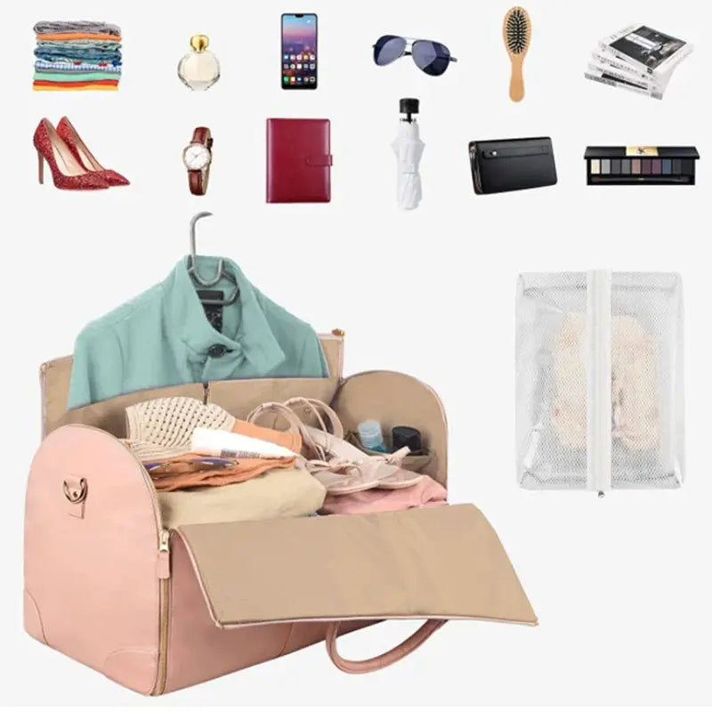 Simples Market foldable women's travel carry-on clothing bag, pink PU leather, large duffel, open with clothes