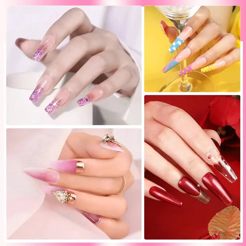Simples Market 42-piece gel nail polish kit collage with glitter pink, pastel stiletto designs and red metallic nails.