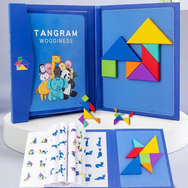 Wooden Jigsaw Magnetic Tangram Puzzle Book For Children Montessori Educational Toy Portable Learning Intelligence