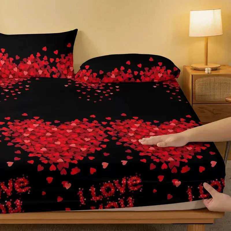 Bed sheet by Simples Market with black background and red heart pattern, single-piece printed bedding.