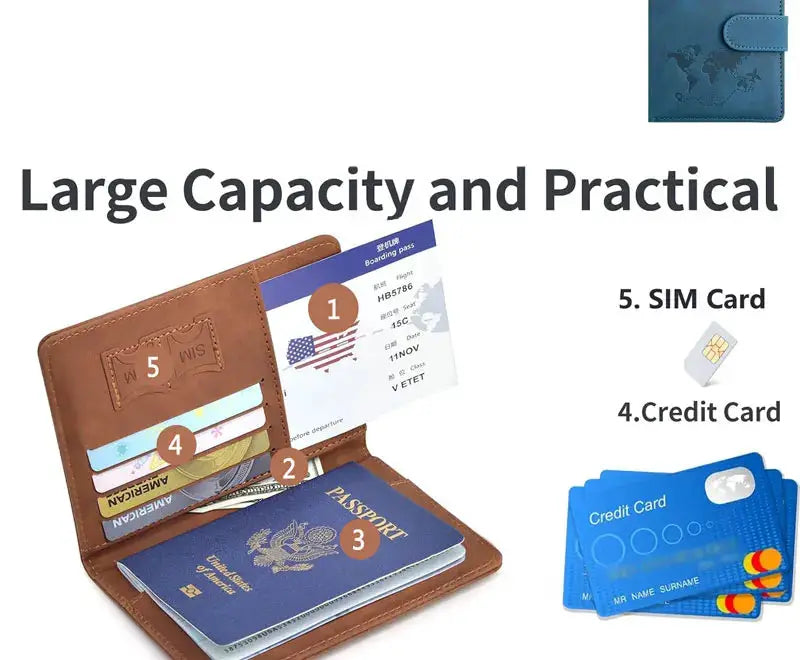 Brown leather passport holder with multiple card slots, boarding pass and blue passport inside.