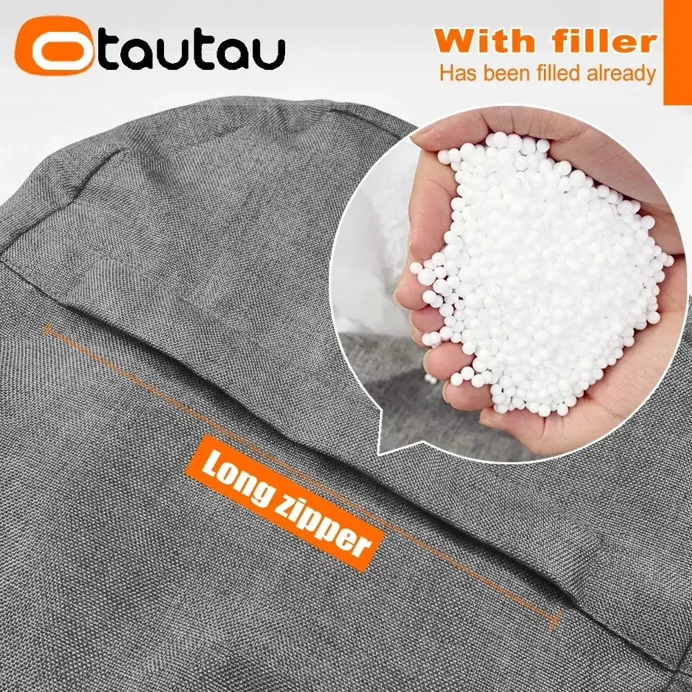 OTAUTAU linen bean bag chair with filling in grey fabric; long zipper and white polystyrene beads