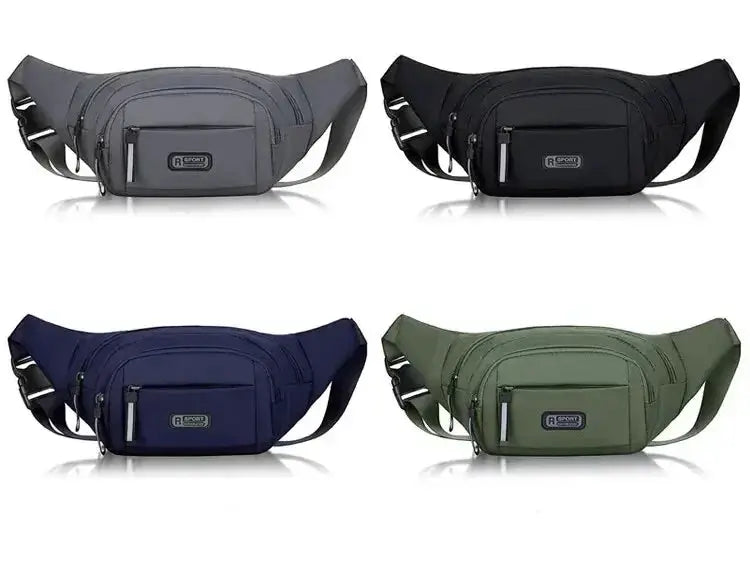 Men's canvas waist pack set of four in gray, black, navy and olive with front pockets and adjustable straps.