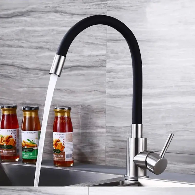Universal black hose kitchen faucet with stainless steel accents, deck-mounted pull-down spray for hot/cold water.