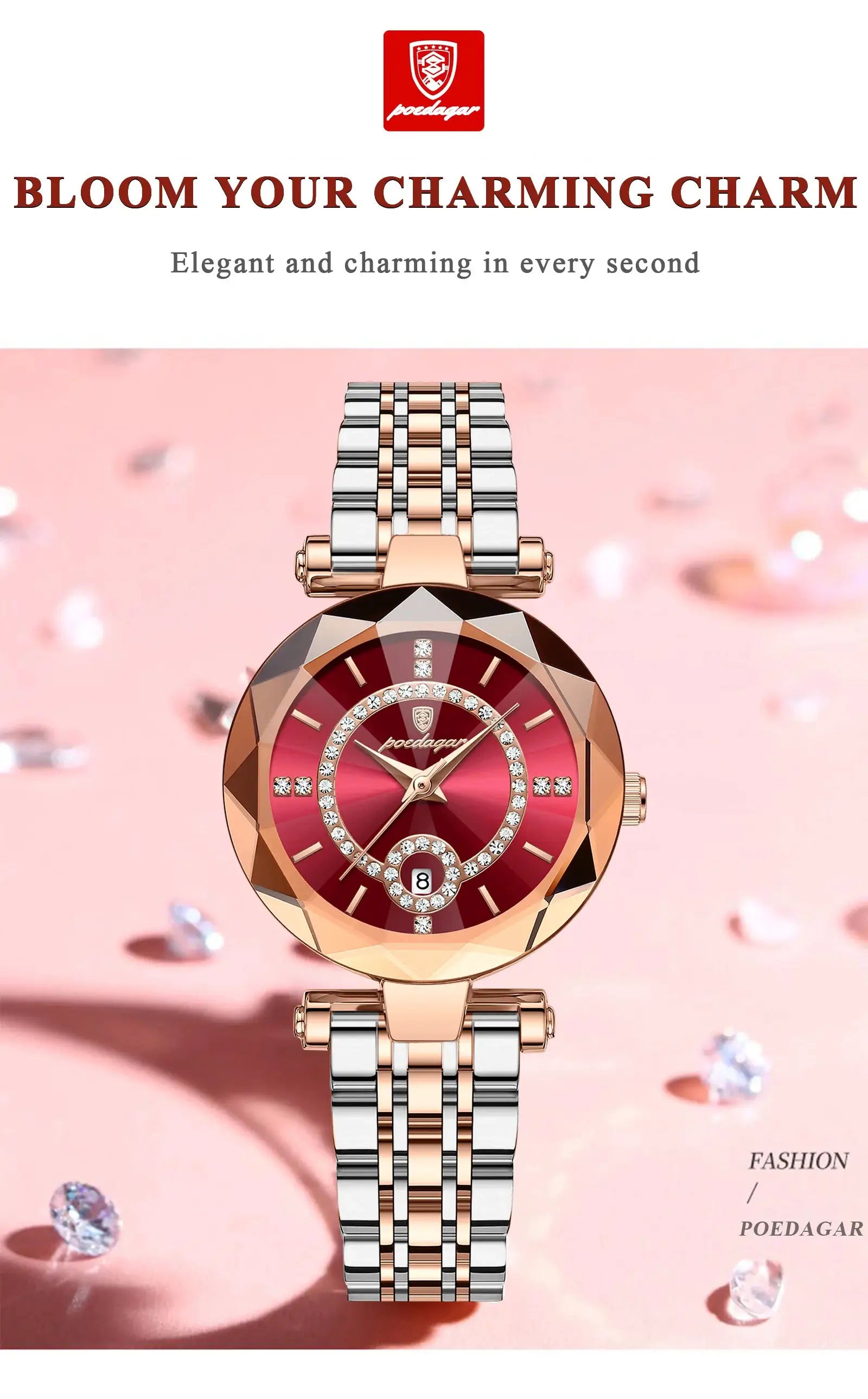 POEDAGAR women's wristwatch; two-tone rose-gold and silver bracelet, red dial with crystal bezel and date display