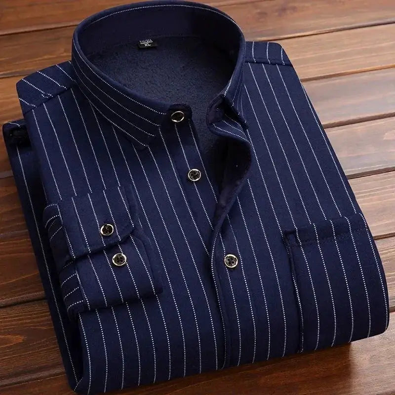 Simples Market men's navy pinstripe long-sleeve shirt, thick warm top, folded