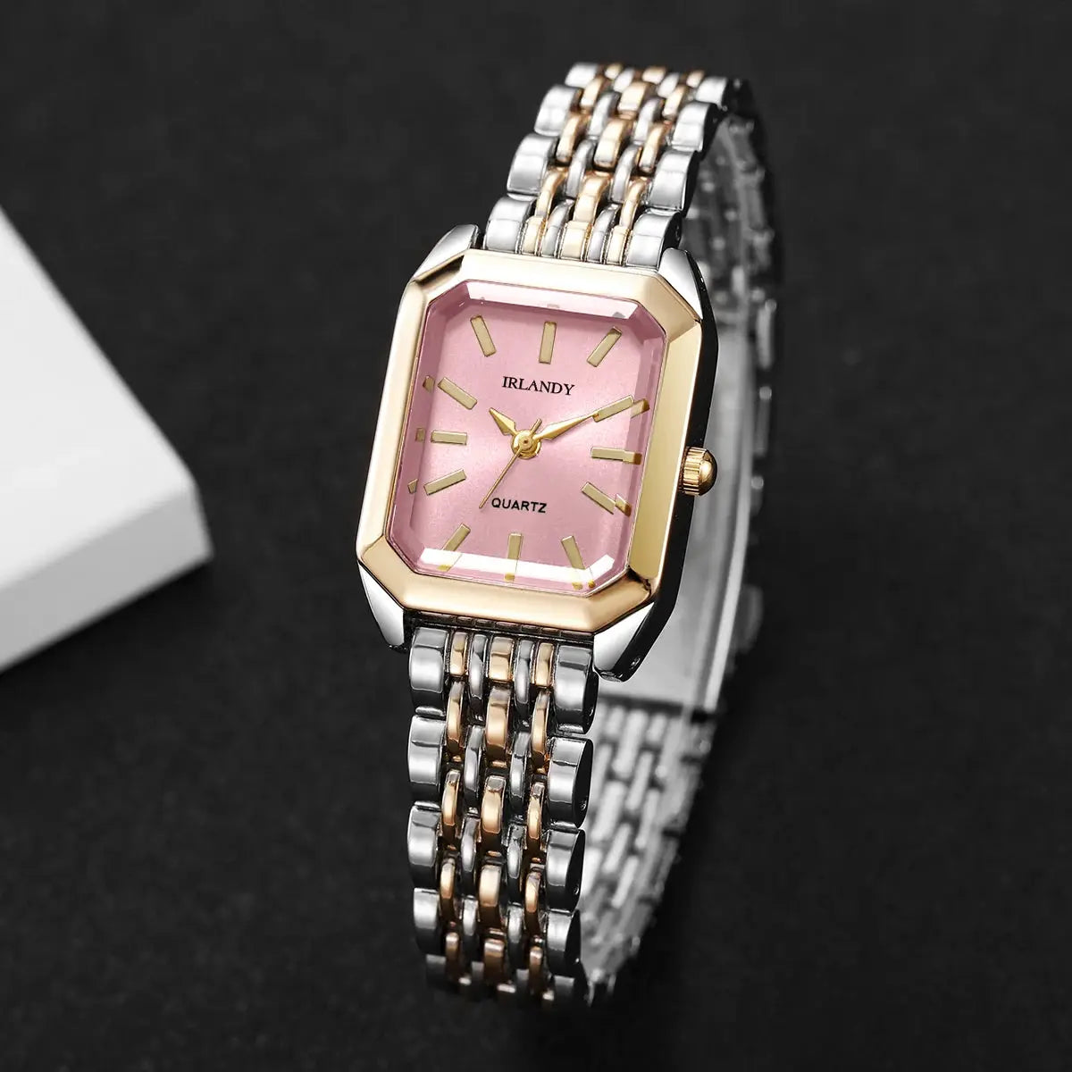 IRLANDY ladies quartz watch with pink dial and two-tone stainless steel bracelet