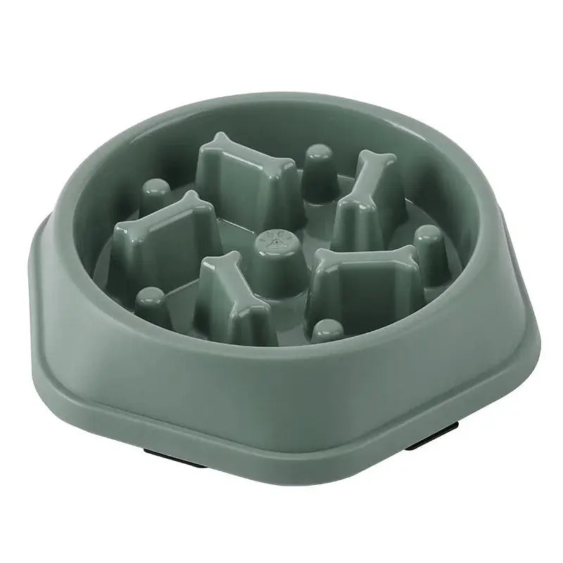 Pet slow-feeder bowl for cats and dogs, green round bowl with non-slip base and interior ridges to slow eating.