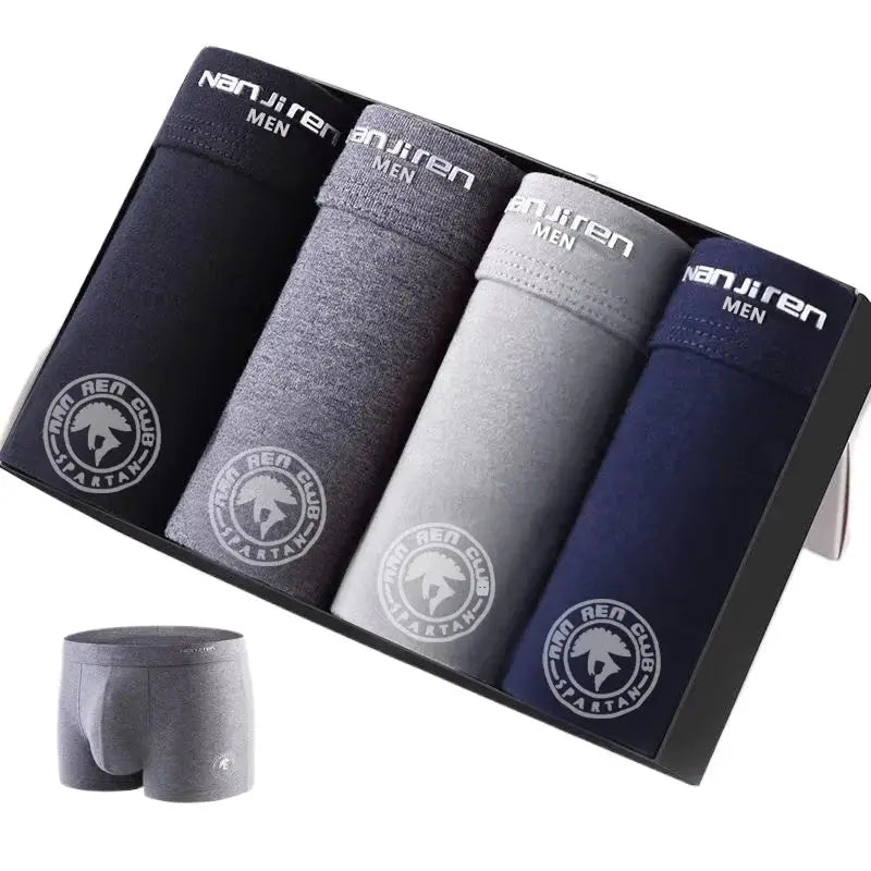Men's boxer briefs 4-pack by NanJiren, cotton solid boxers in black, gray, light gray, navy with logo waistband