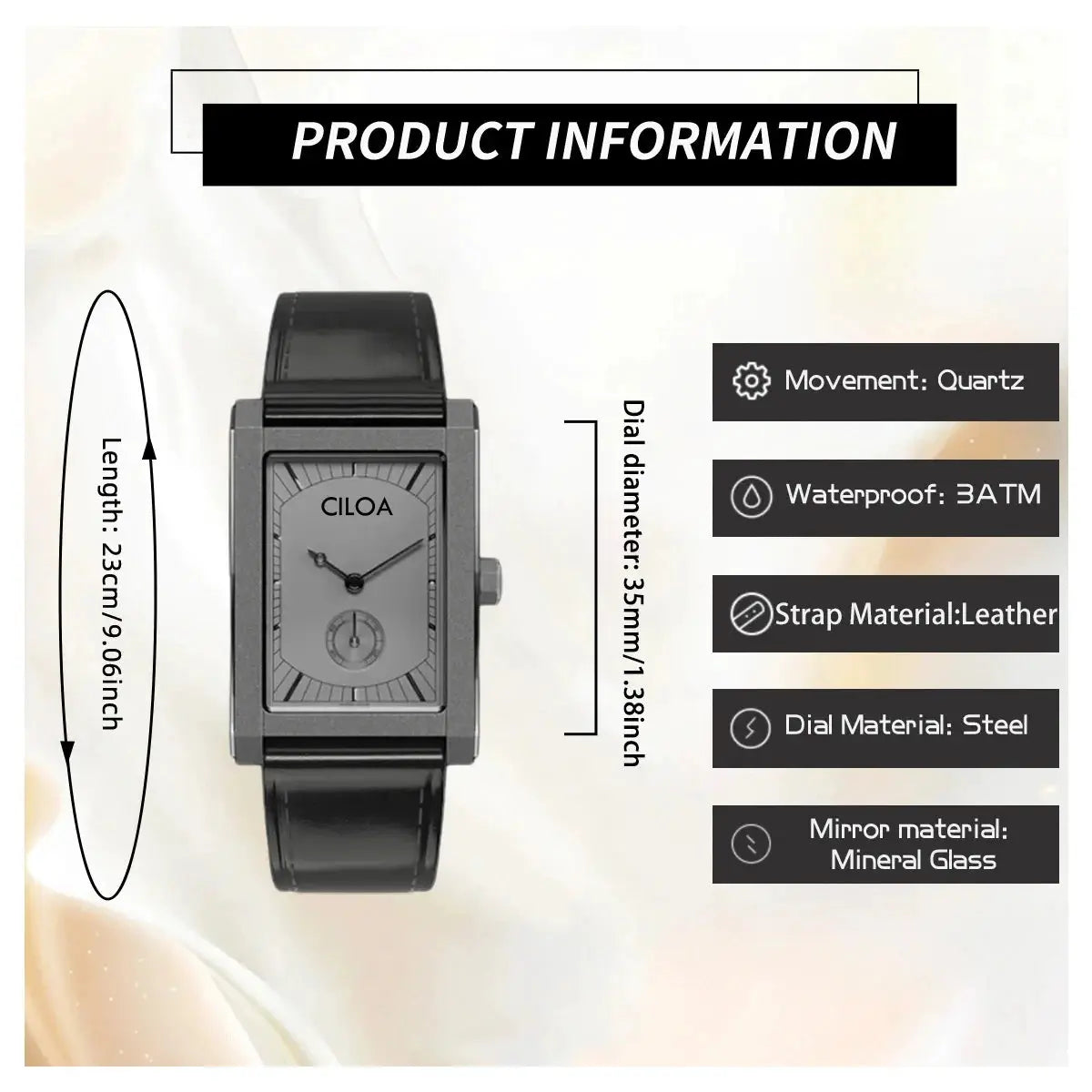 CILOA square casual men's quartz watch with black leather strap and silver dial, Simples Market