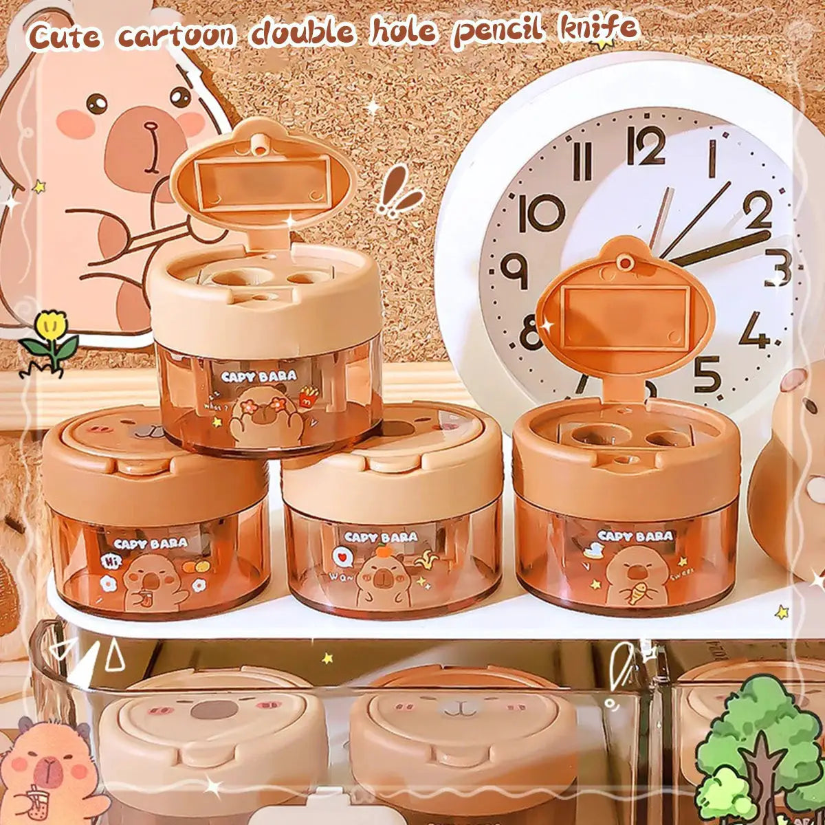 Capybara cartoon flip-top dual-hole pencil sharpener set of 4 in orange plastic by Simples Market