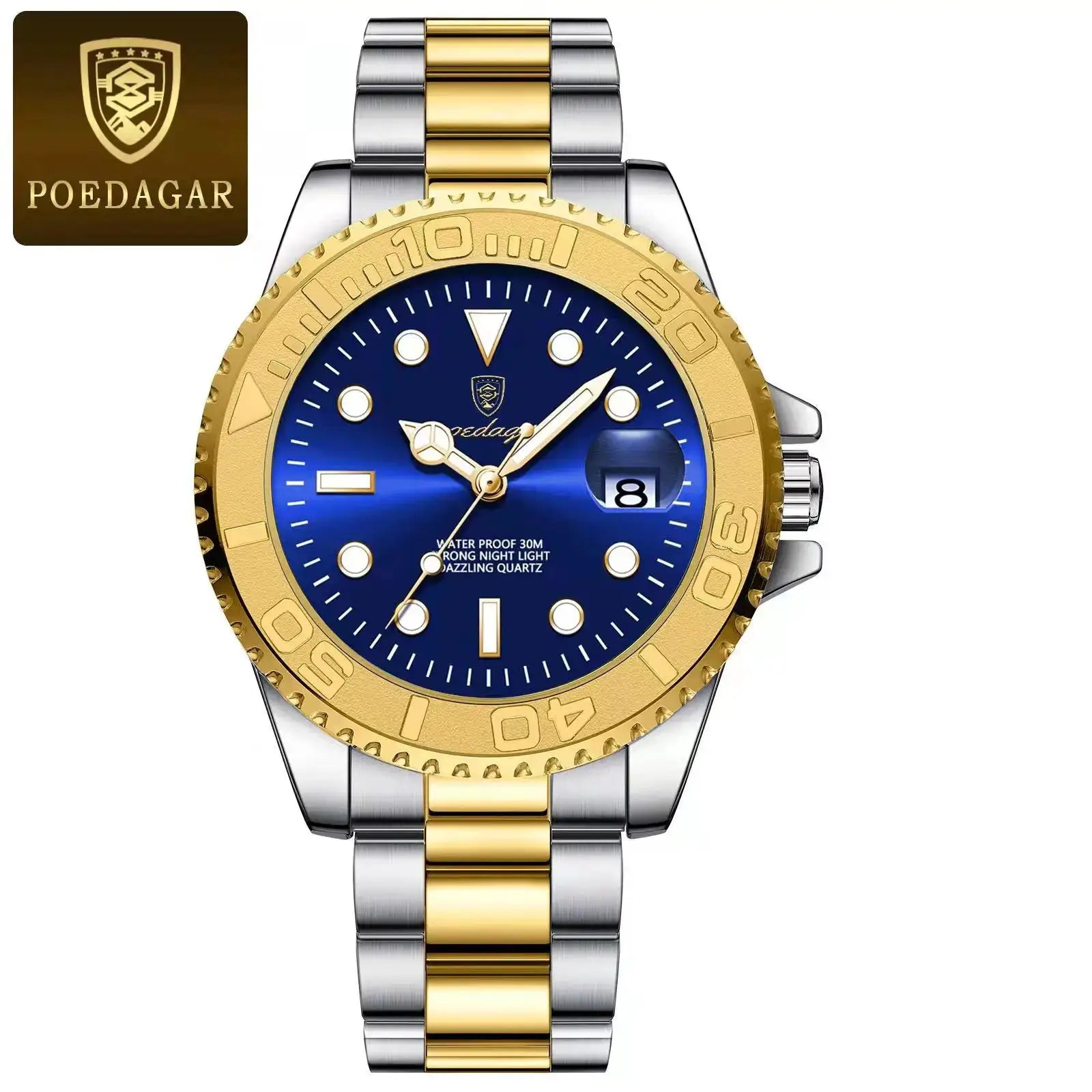 POEDAGAR luxury men's watch with blue dial, gold bezel, stainless steel two-tone bracelet, date window, waterproof