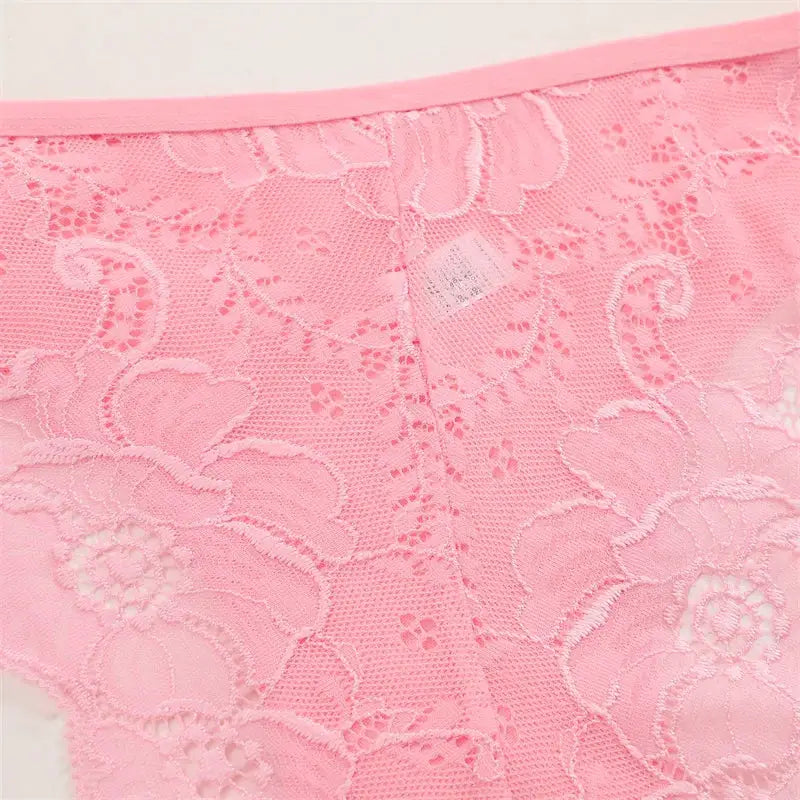 3-piece women's pink floral lace panties set, low-rise hollow-out briefs with transparent fabric