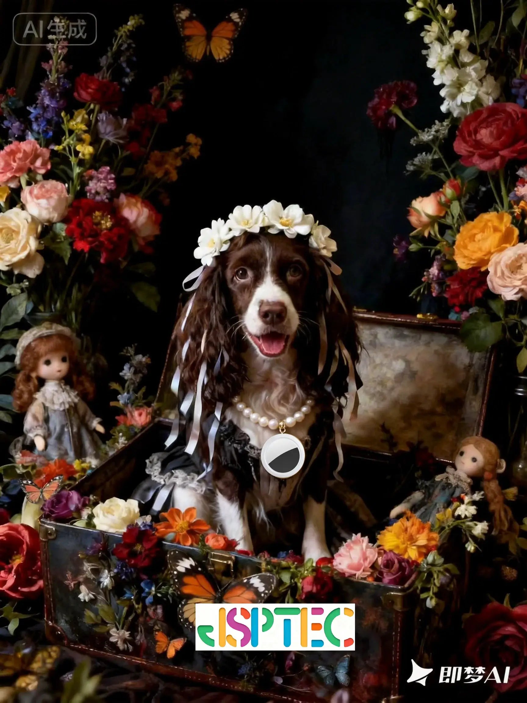 Dog wearing a white flower crown and pearl necklace amid a vibrant flower display with butterflies