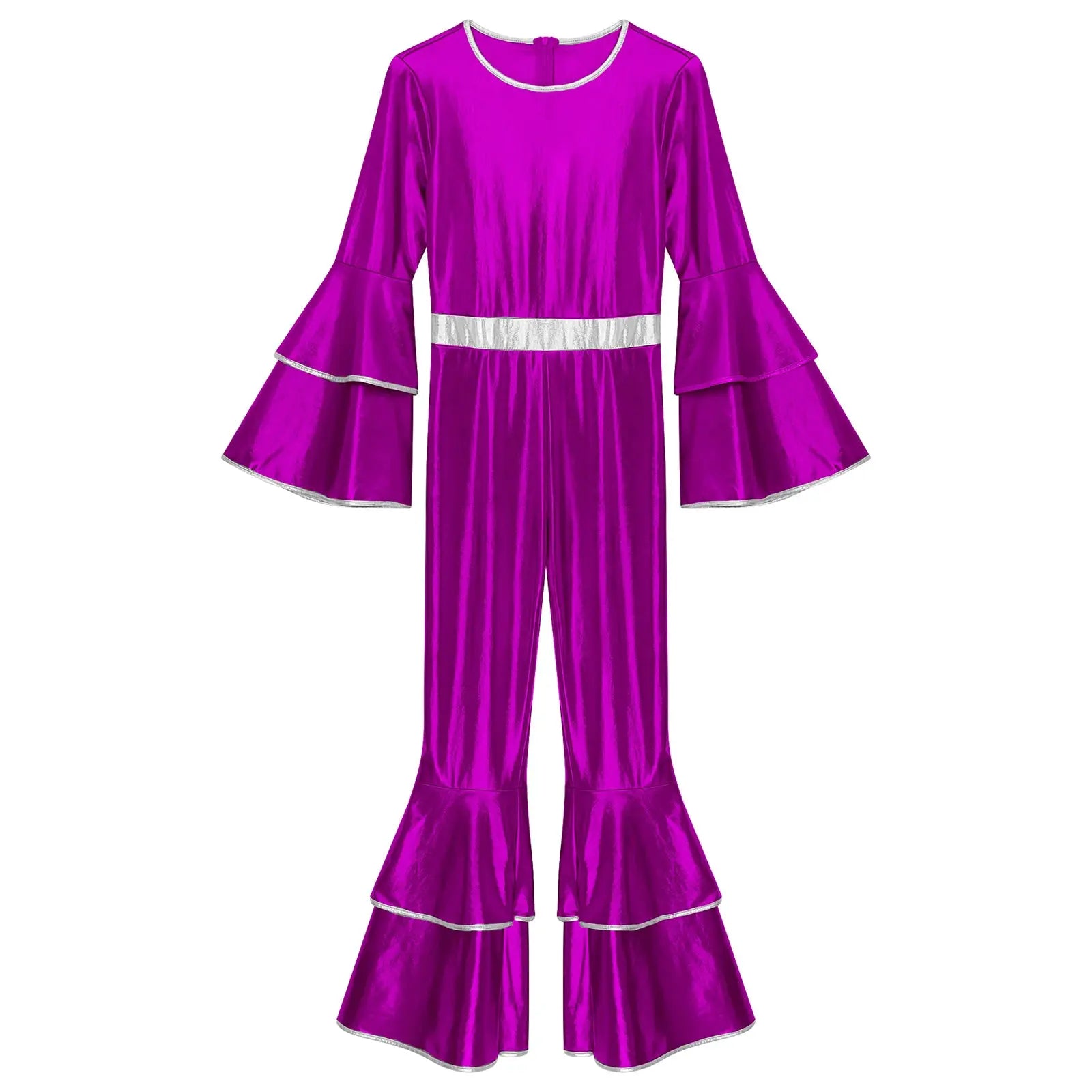 Women's purple metallic disco jumpsuit with flare bell sleeves and silver trim.