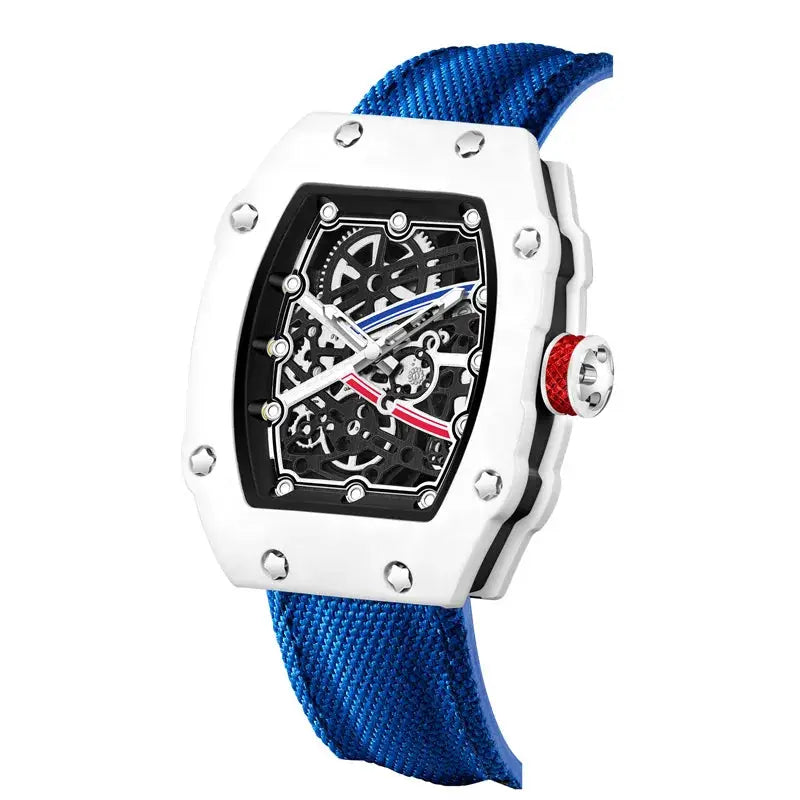 Watch Simples Market skeleton quartz tonneau with white case and blue nylon strap
