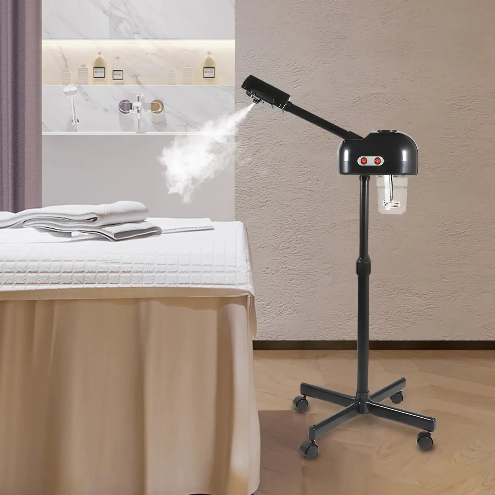 750ml ozone facial steamer with 360° rotatable arm on height-adjustable rolling stand, black unit by Simples Market