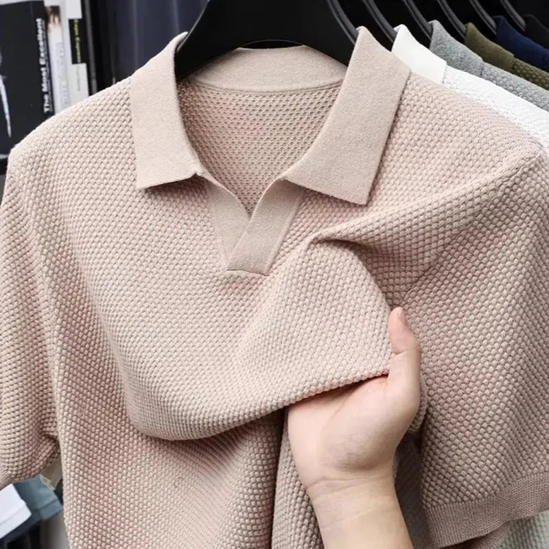 Men's knitted polo shirt in beige with textured weave and short sleeves