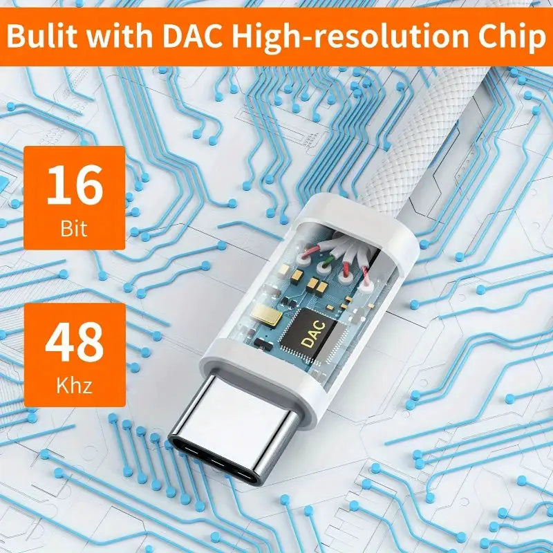 Type-C to 3.5mm AUX DAC adapter by Simples Market with transparent housing, USB-C plug, 16-bit/48kHz