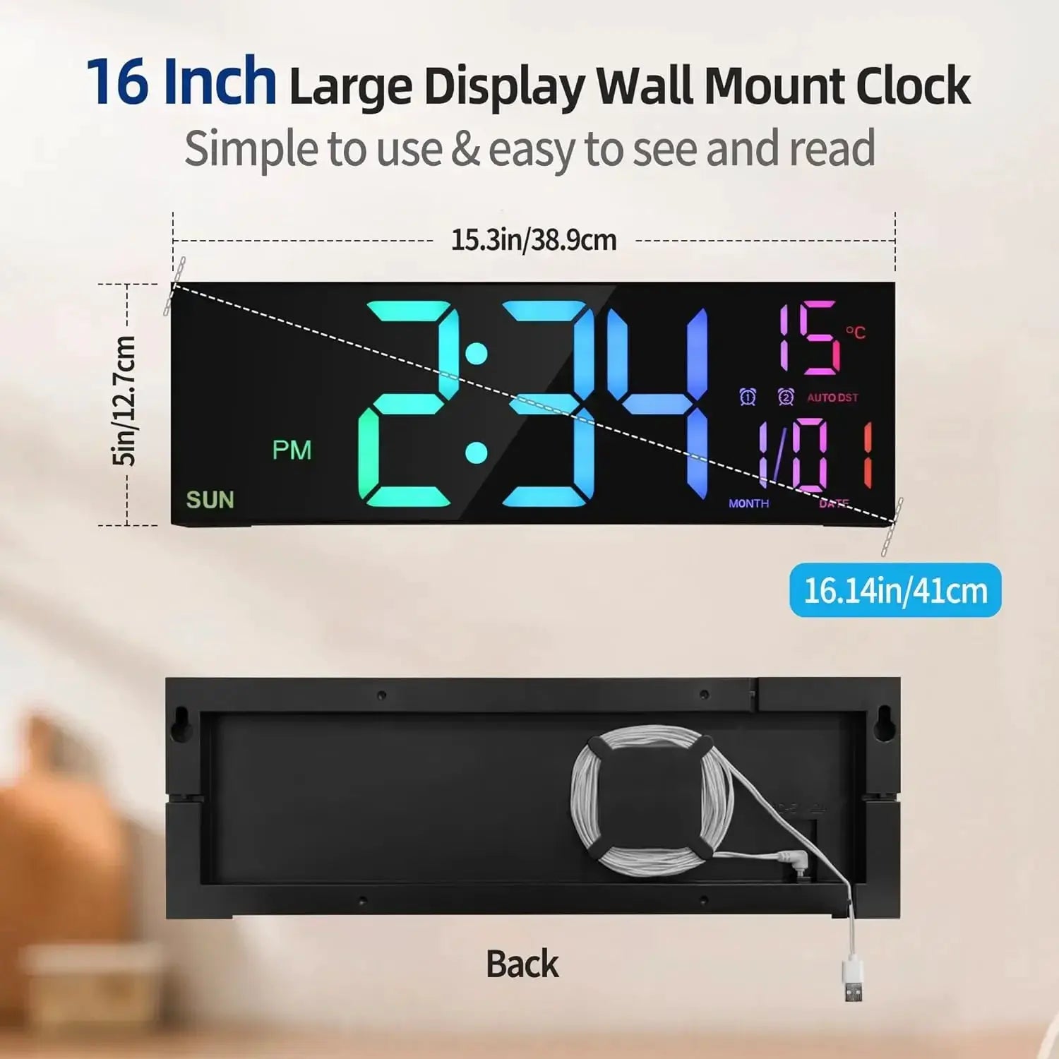 16.2-inch digital wall clock with remote by Simples Market; large LED display, 8 RGB colors, dual alarm.
