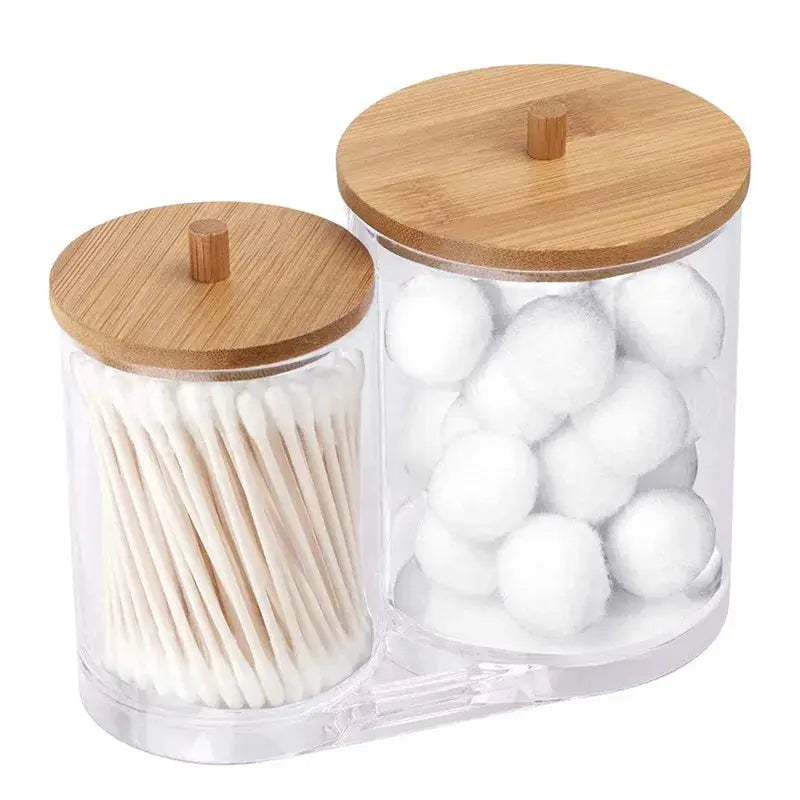 EverEco Acrylic Bathroom Organizer Set With Clear Lids And Bamboo Covers For Cotton Balls And Swabs