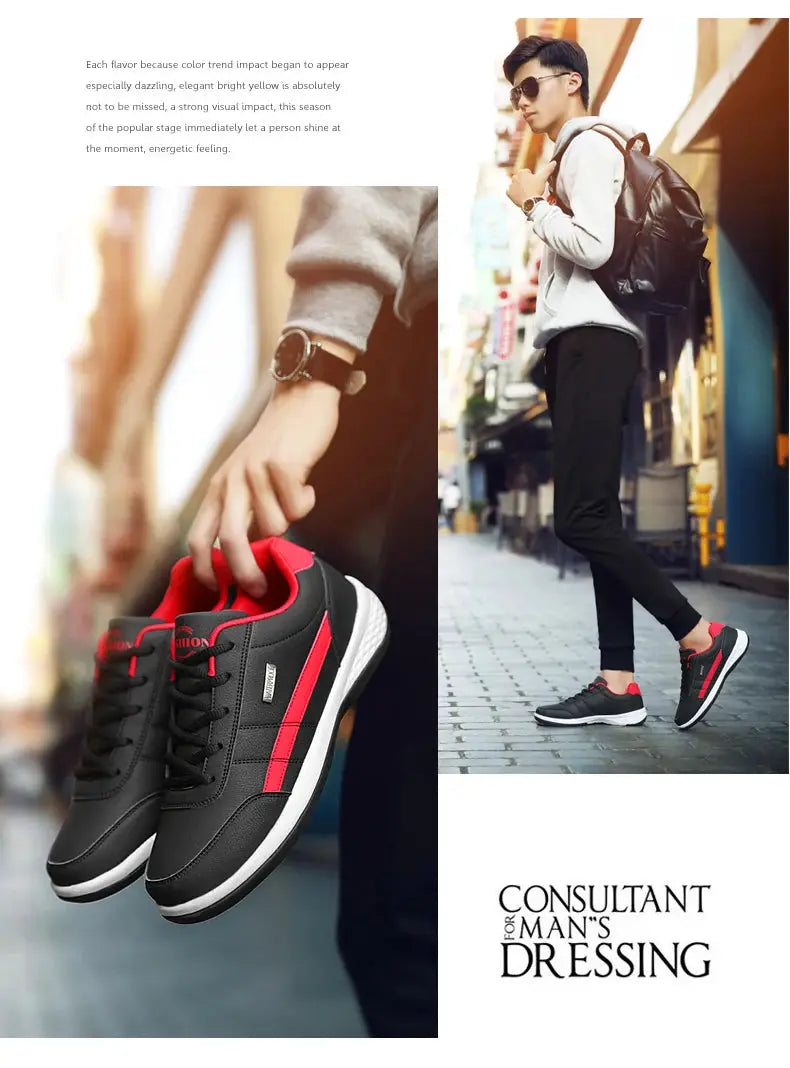 Simples Market leather men sneakers, black with red stripe, vulcanized casual footwear with breathable sole