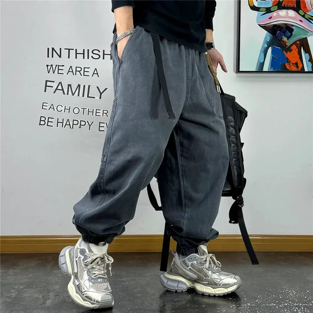 Simples Market plus-size baggy cargo pants in grey, Japanese streetwear style for men; jogger-style casual work trousers