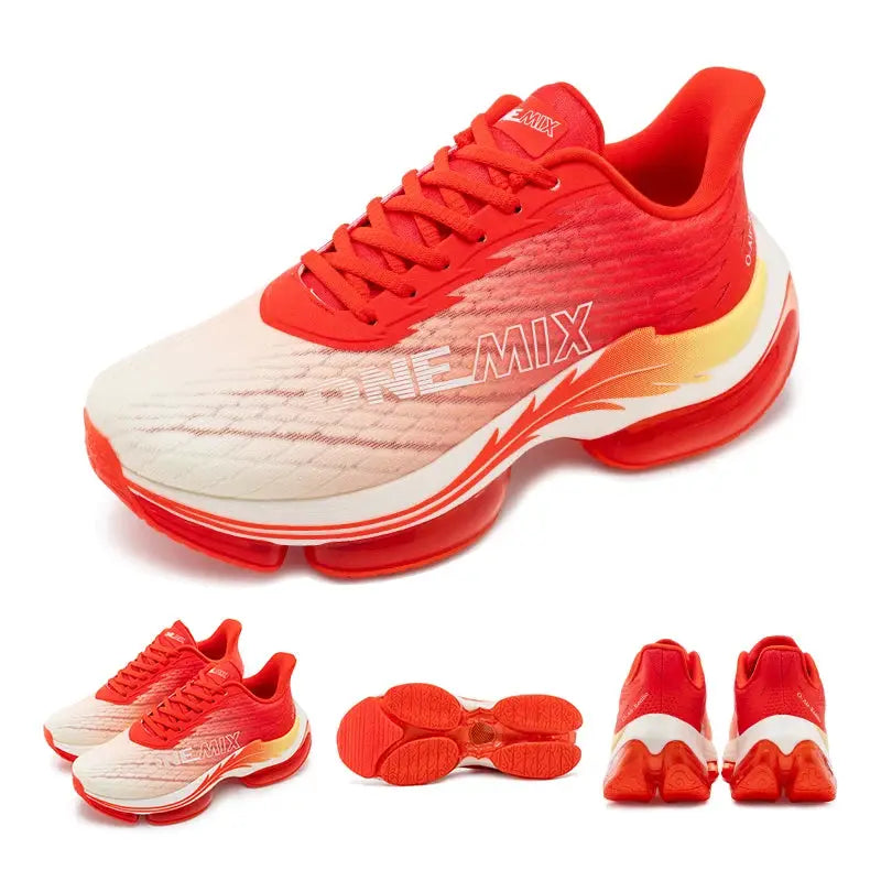 ONEMIX women's running shoes with red-orange gradient mesh upper, white midsole and orange air-cushion sole