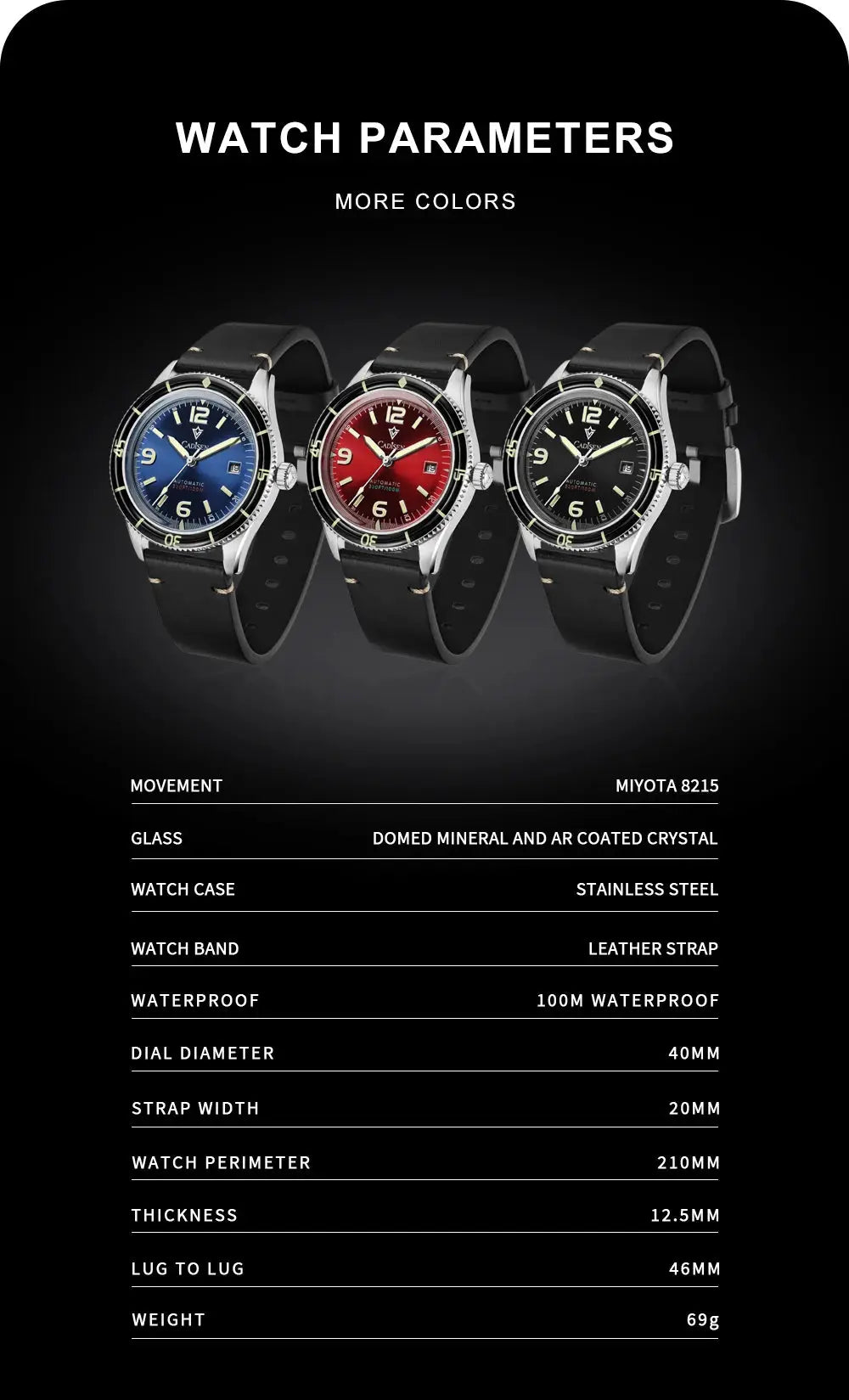 CADISEN 2026 men's mechanical wristwatch set of 3 with blue, red and black dials, stainless steel case, genuine leather strap