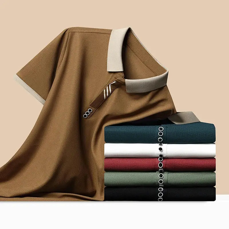 Men's solid brown polo shirt; shown with a stack of five color options (teal, white, red, sage, black).