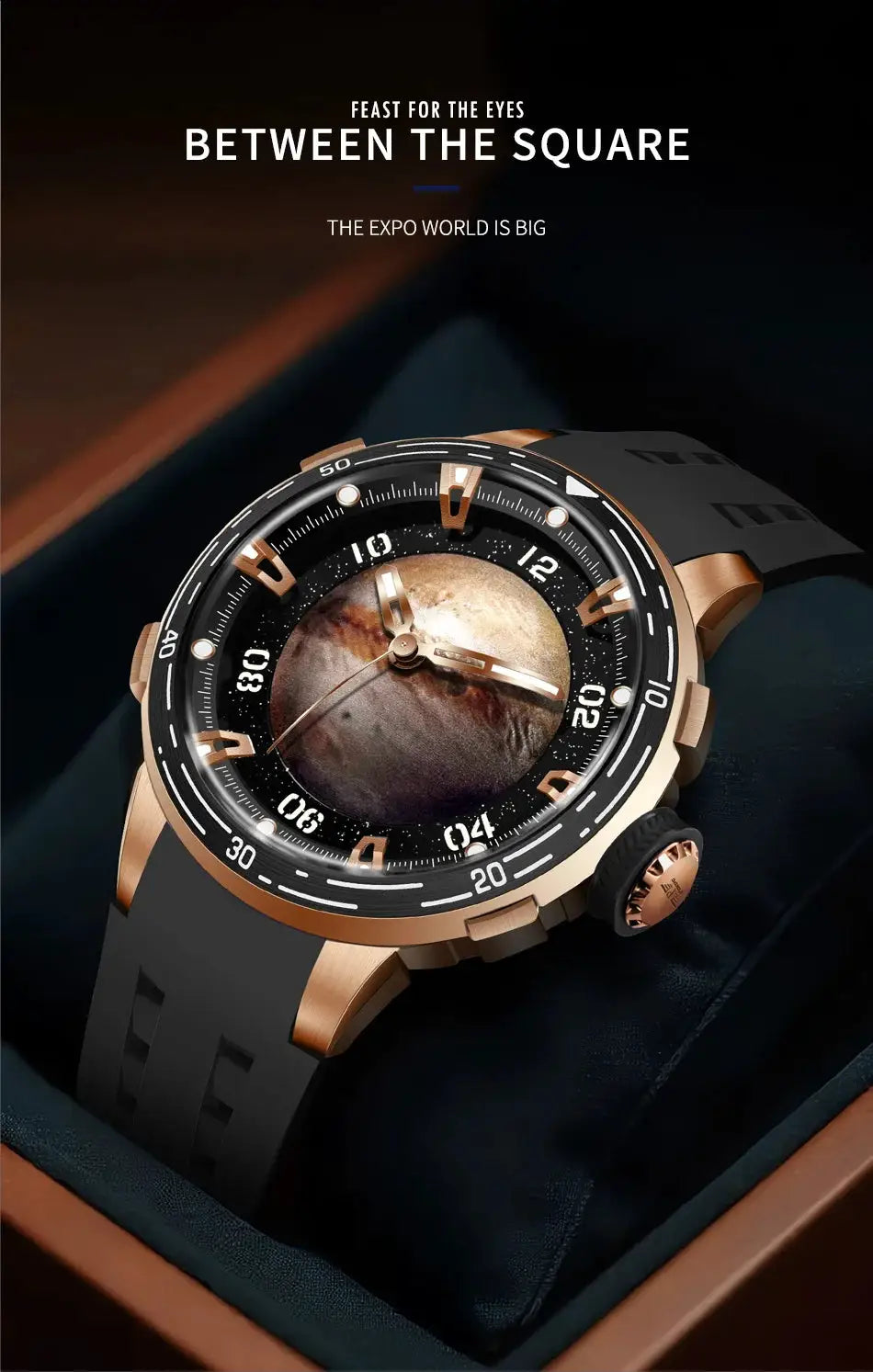 PINDU Design Planet Series mechanical watch with rose-gold case, black bezel, silicone strap