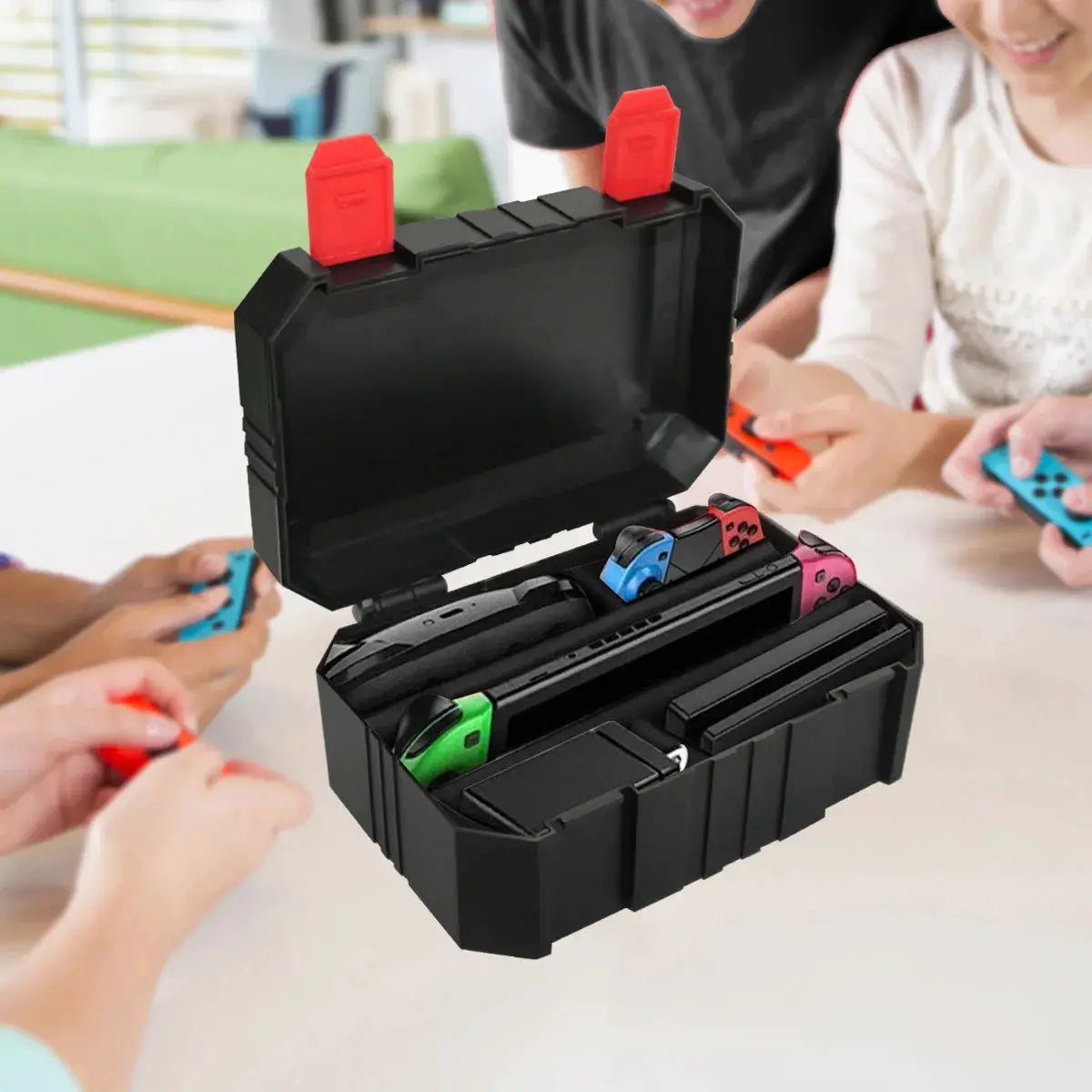 Plastic small tool organizer box by Simples Market, black case with red latches and open compartments.